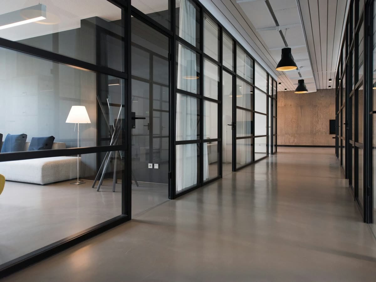 A clean office building lobby at dawn
